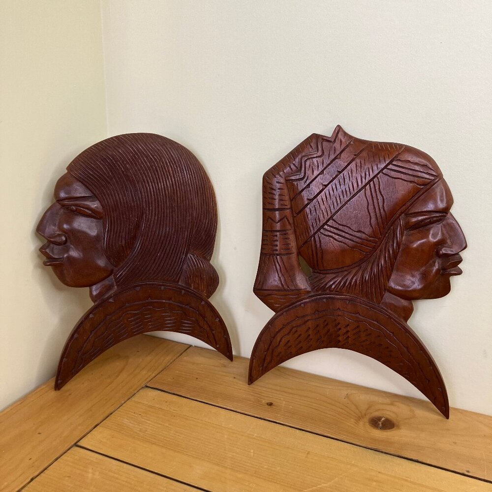 Bolivia Folk Art Wood Carving Indigenous Bolivian Face Wall Hanging Set of 2